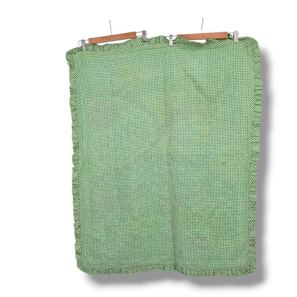 Vintage Thats Our Baby Quilted Nursery Blanket Green Gingham Ruffle Train Sheep